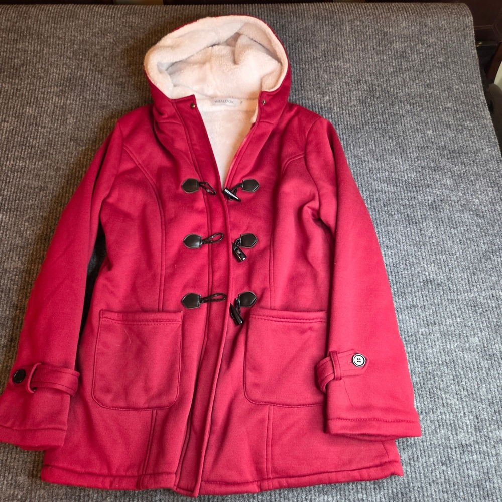 Misslook Red Sherpa Lined Hooded Duffle Coat Toggle Closure Womens Size XL